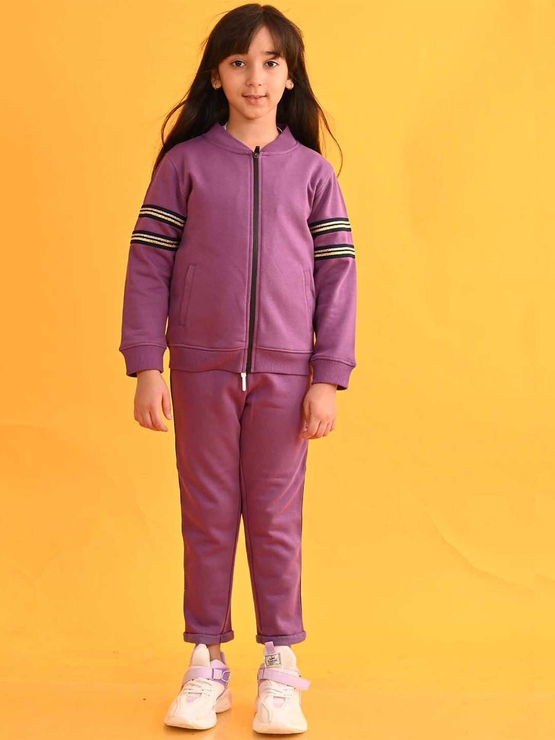 

Anthrilo Girls Stand Collar Fleece with Glitter Tape Sweatshirt T-shirt With jogger, Purple