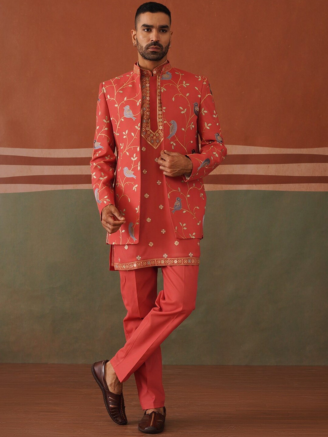 

KALPRAAG Ethnic Motifs Embroidered Sherwani Set, Rust