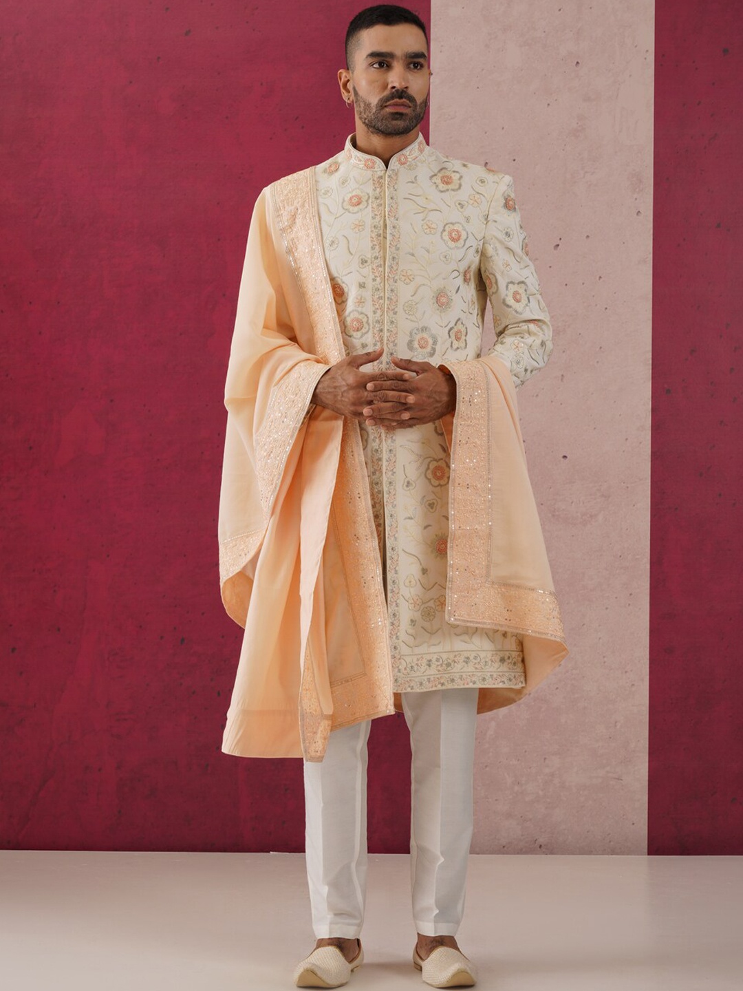 

KALPRAAG Embroidered Sherwani With Trousers And Dupatta, Beige