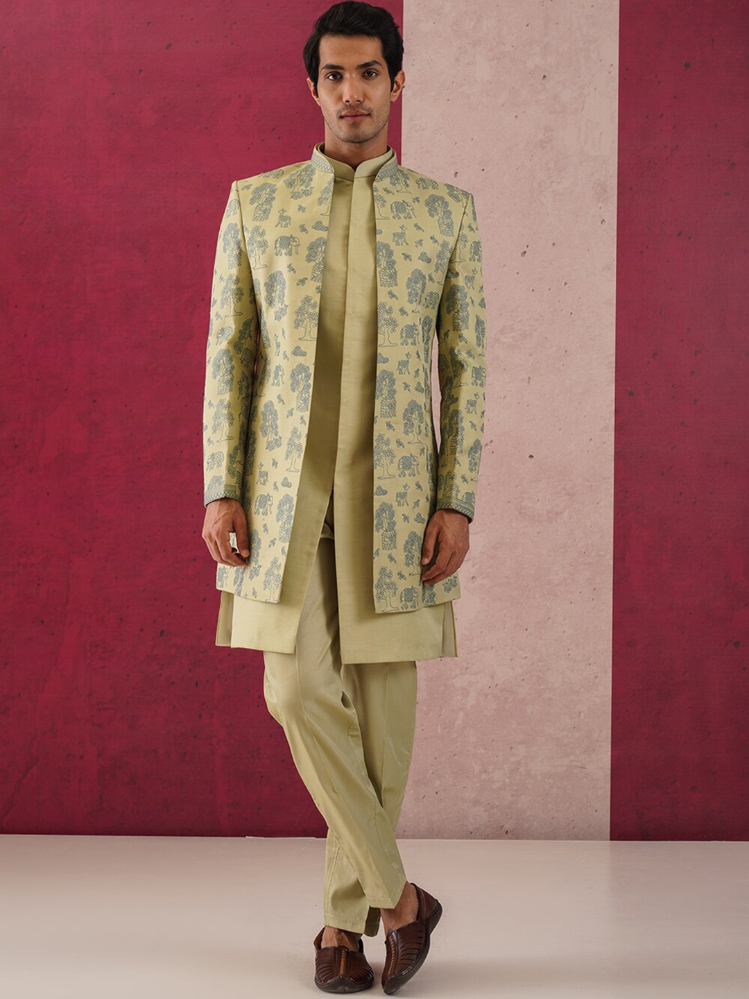 

KALPRAAG Embroidered Open Sherwani With Trousers, Olive