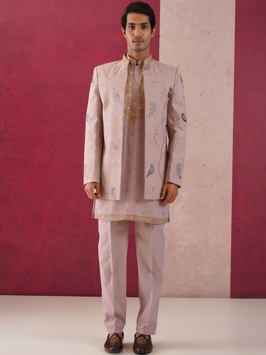 

KALPRAAG Embroidered Sherwani With Trousers And Jacket, Purple