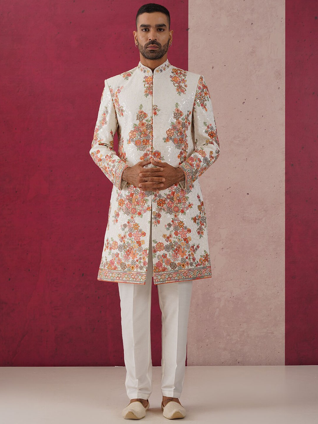 

KALPRAAG Floral Embroidered Sherwani Set, White