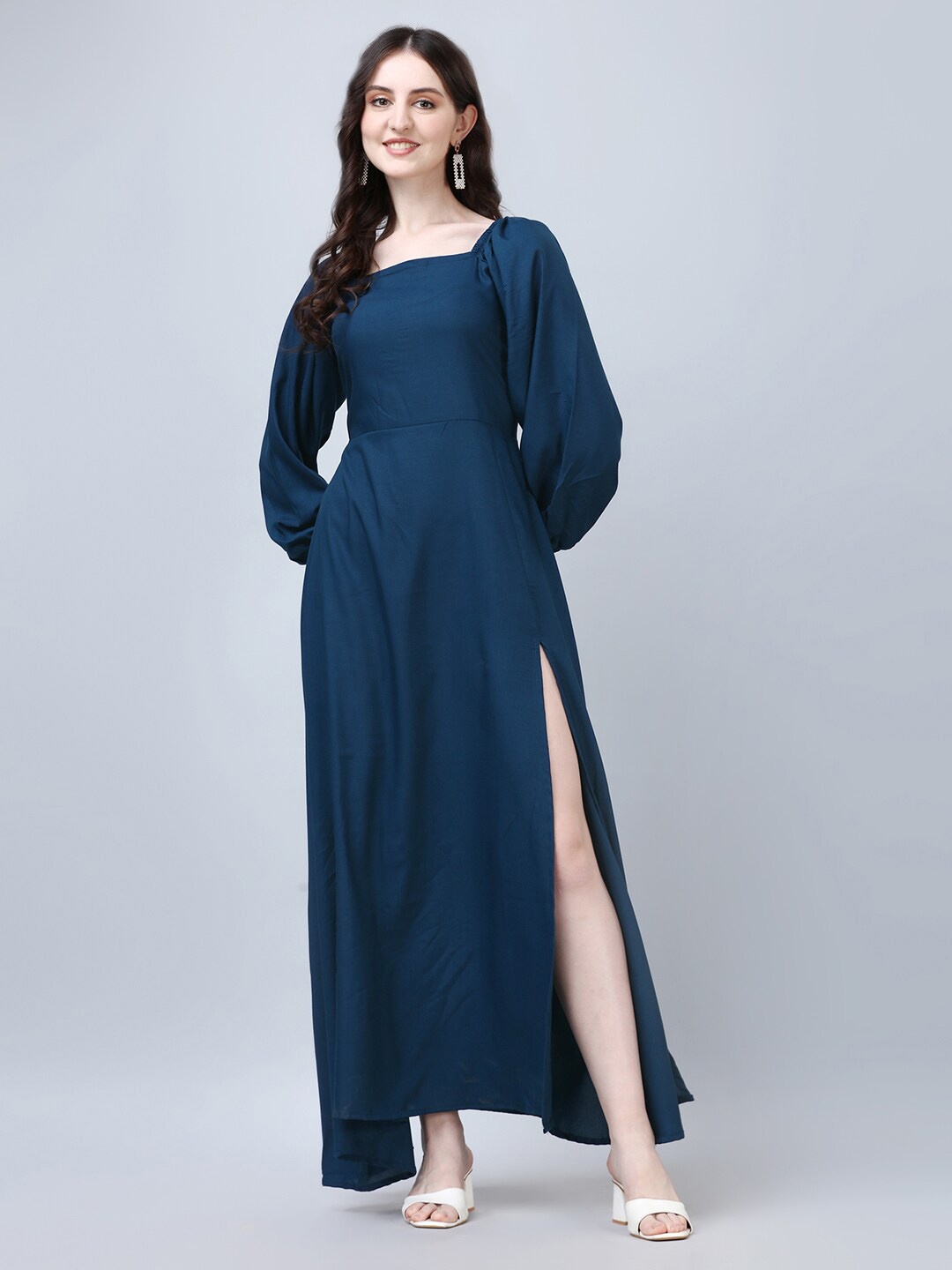 

Femvy Square Neck Puff Sleeves Maxi Dress, Blue