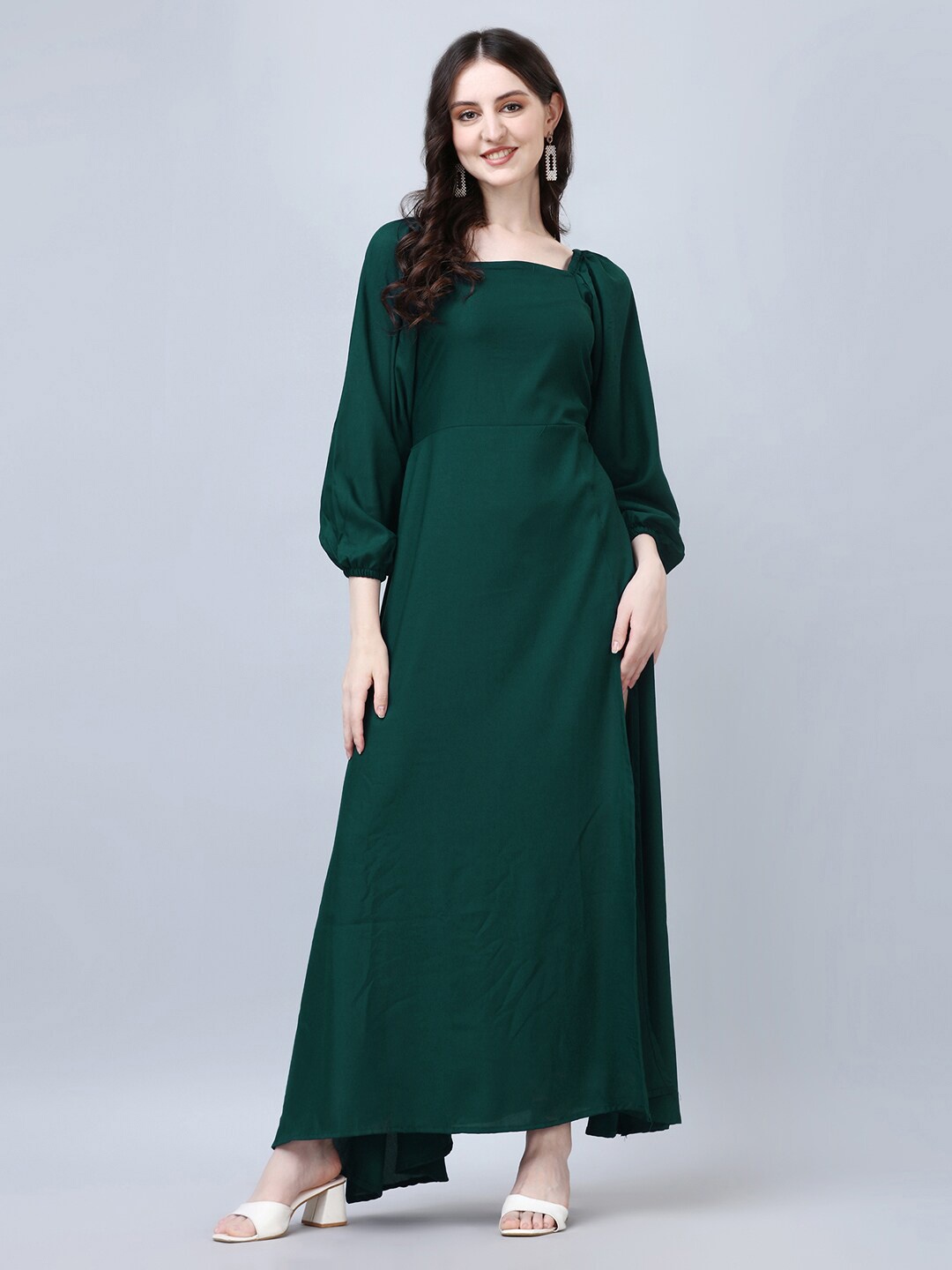 

Femvy Square Neck Puff Sleeves Maxi Dress, Green