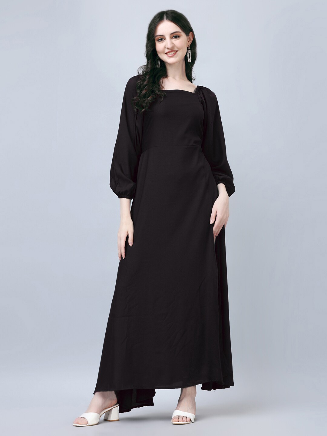 

Femvy Square Neck Puff Sleeves Gathered Maxi Dress, Black