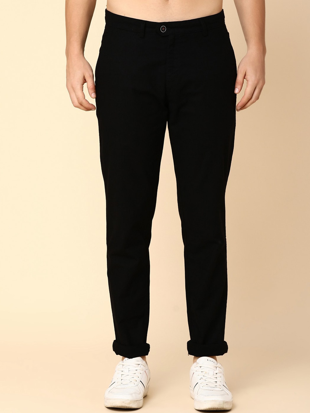 

V-Mart Men Mid Rise Slim Fit Plain Cotton Chinos Trousers, Black