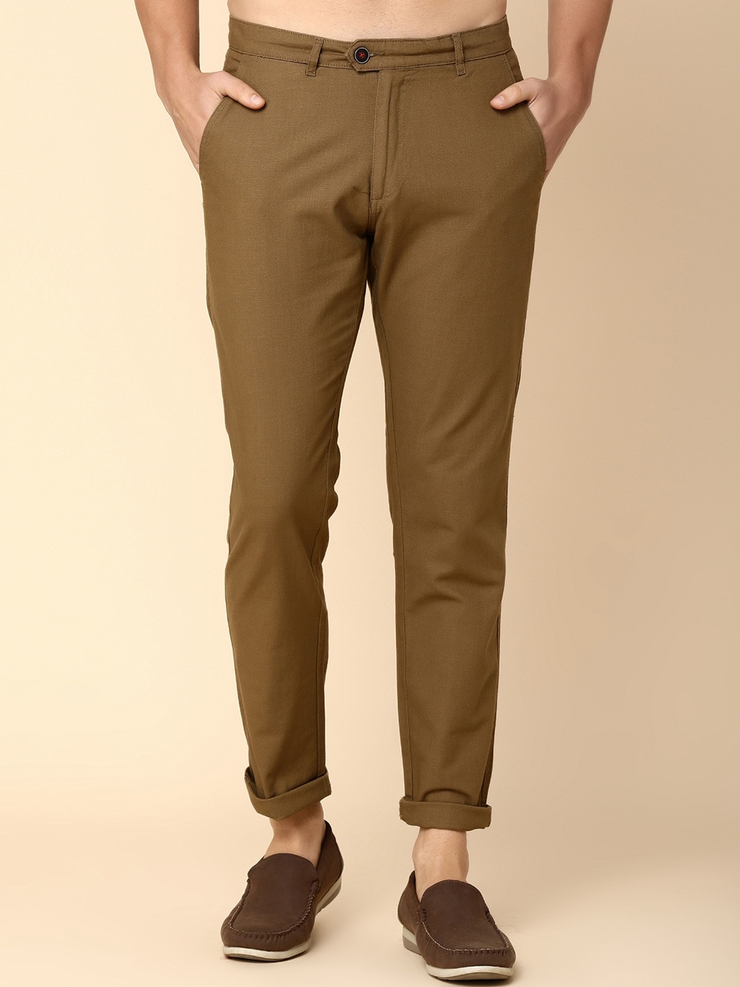 

V-Mart Men Mid Rise Plain Cotton Chinos Trousers, Brown