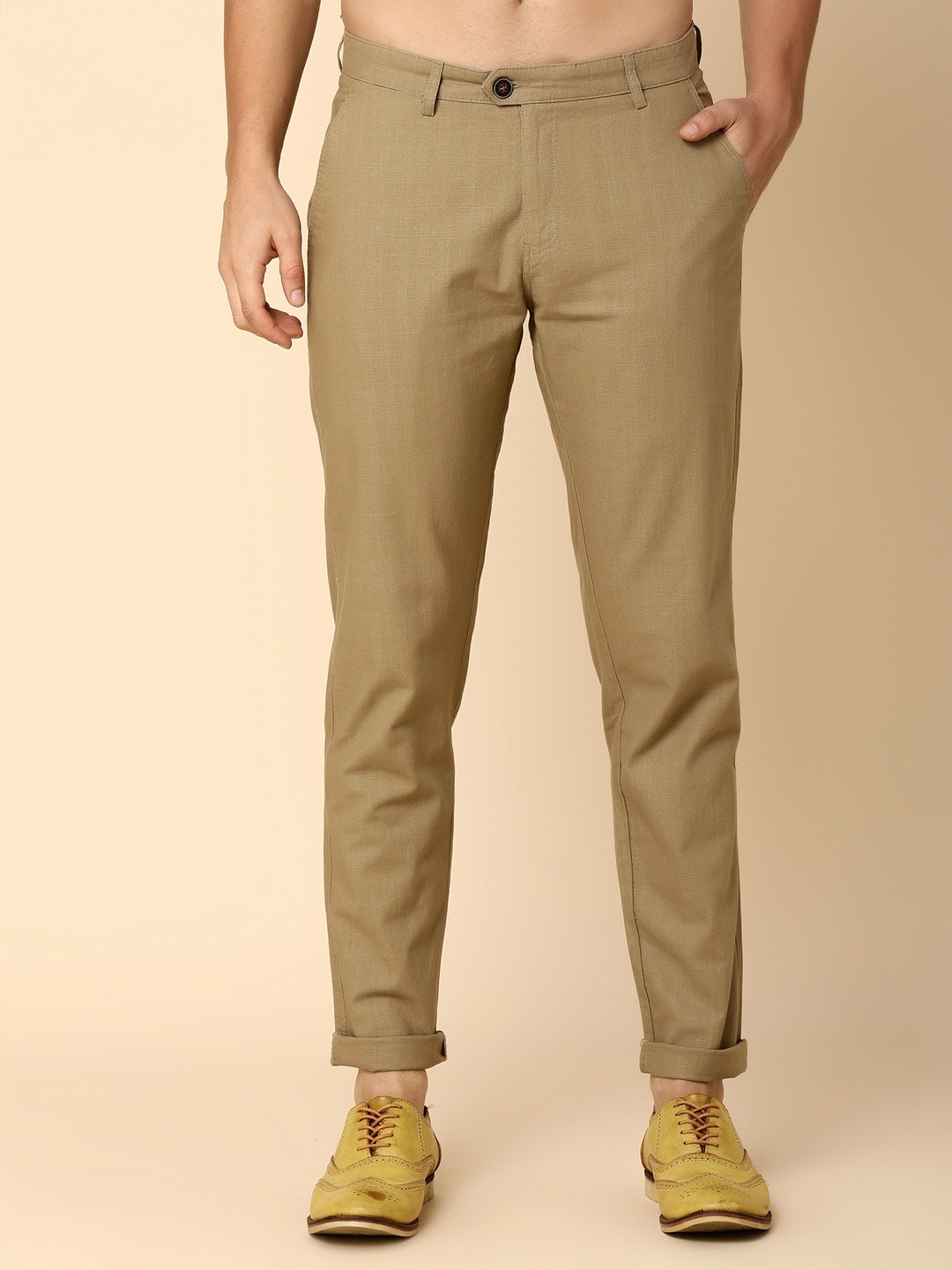 

V-Mart Men Slim Fit Mid-Rise Linen Trouser, Khaki