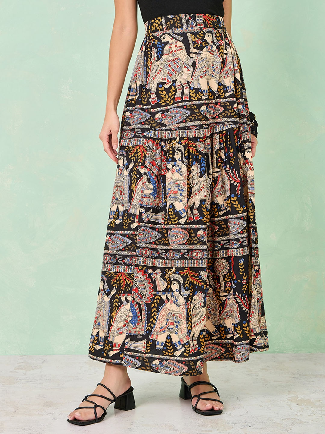 

Styli Ethnic Motifs Printed Cotton Maxi Flared Skirt, Brown