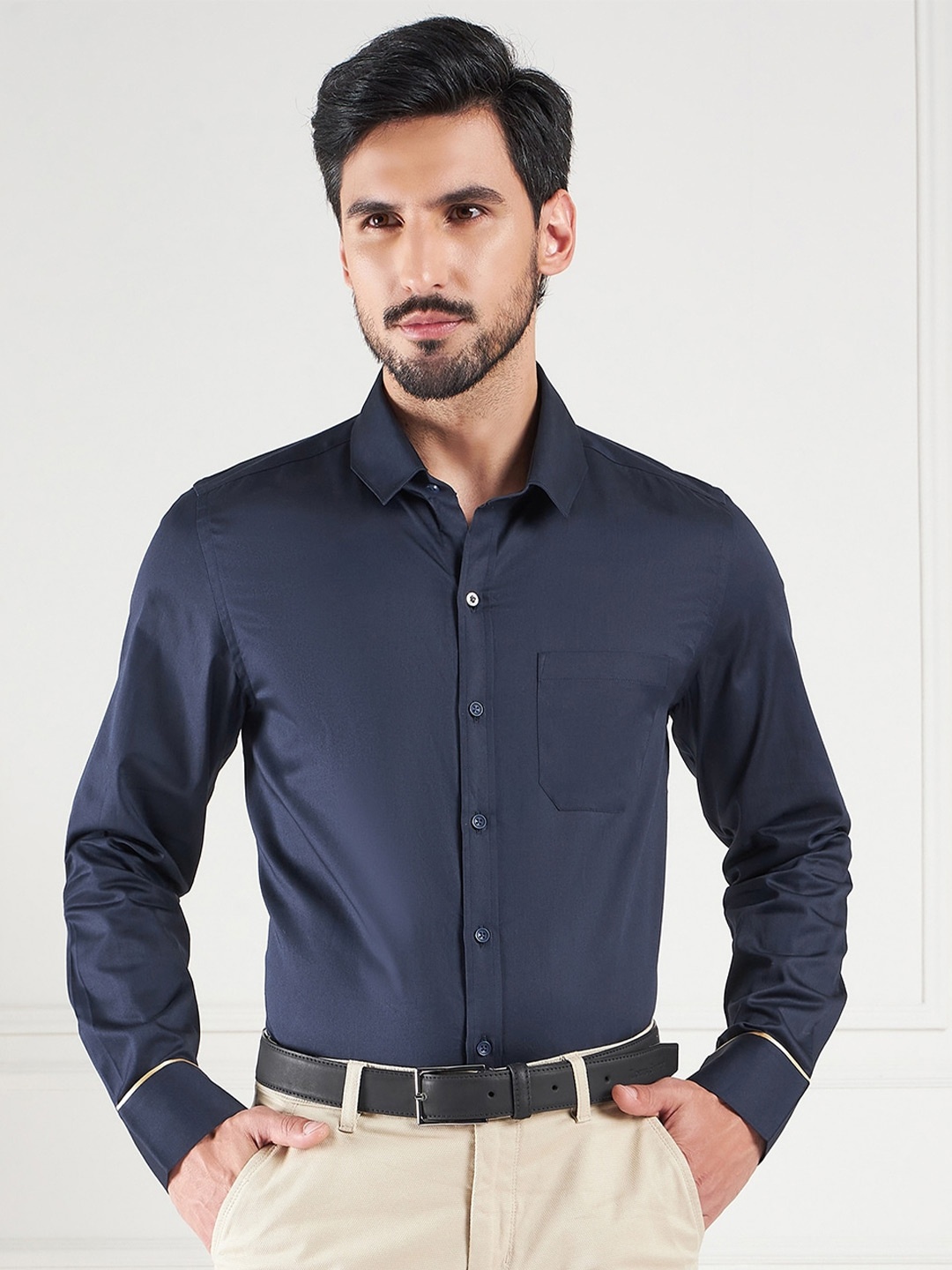 

LOUIS STITCH Comfort Spread Collar Cotton Formal Shirt, Navy blue