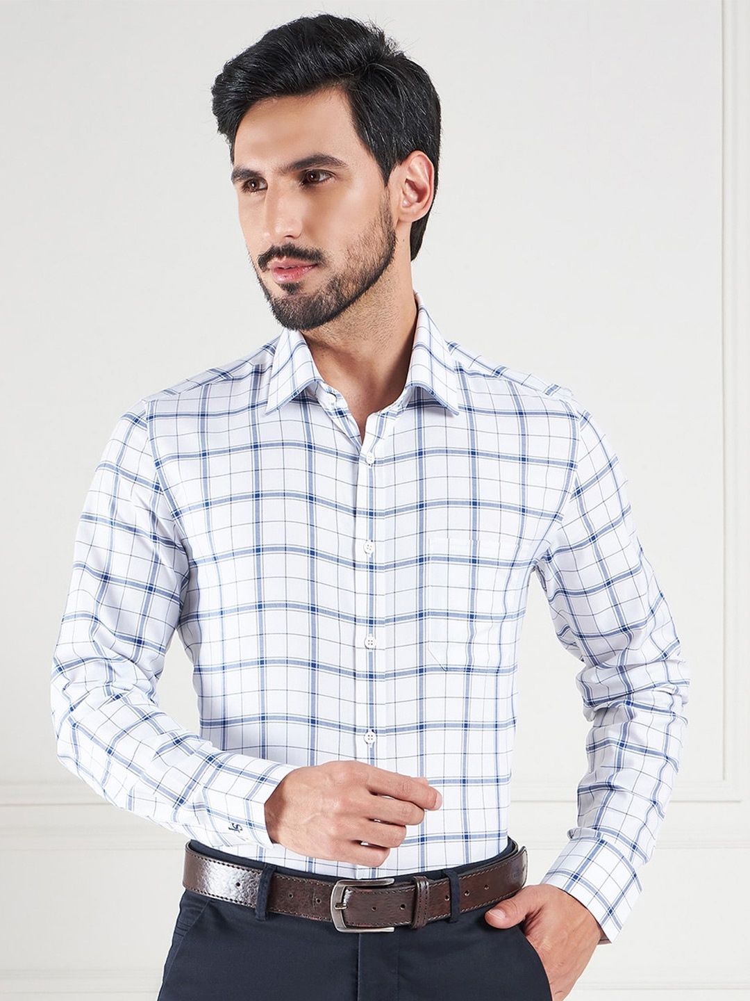 LOUIS STITCH Comfort Tartan Checks Opaque Cotton Formal Shirt, White