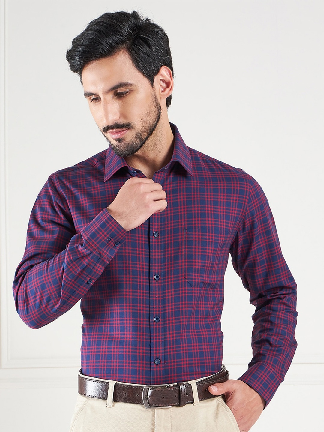 

LOUIS STITCH Comfort Tartan Checked Spread Collar Formal Shirt, Blue