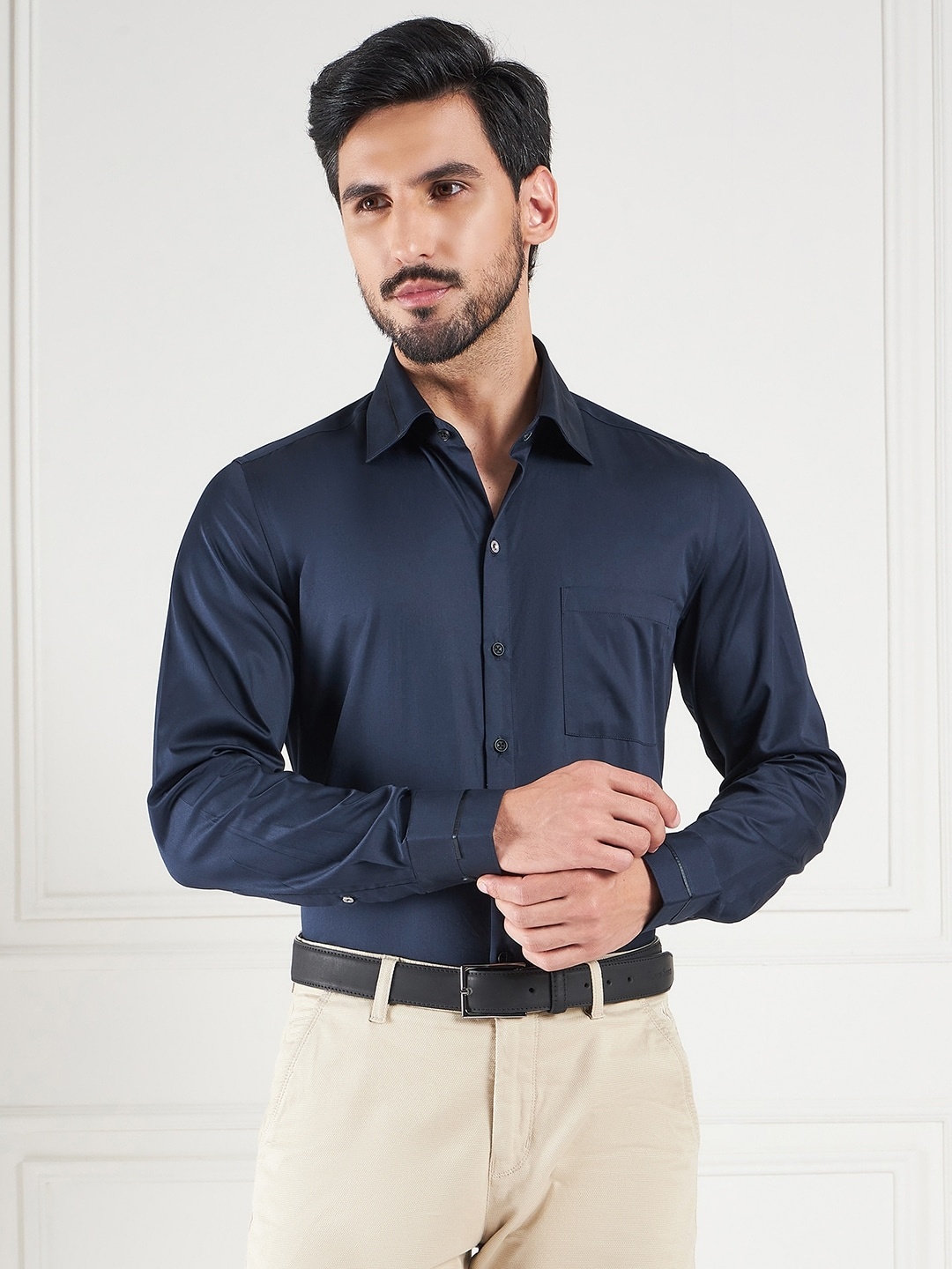 

LOUIS STITCH Comfort Spread Collar Formal Cotton Shirt, Navy blue