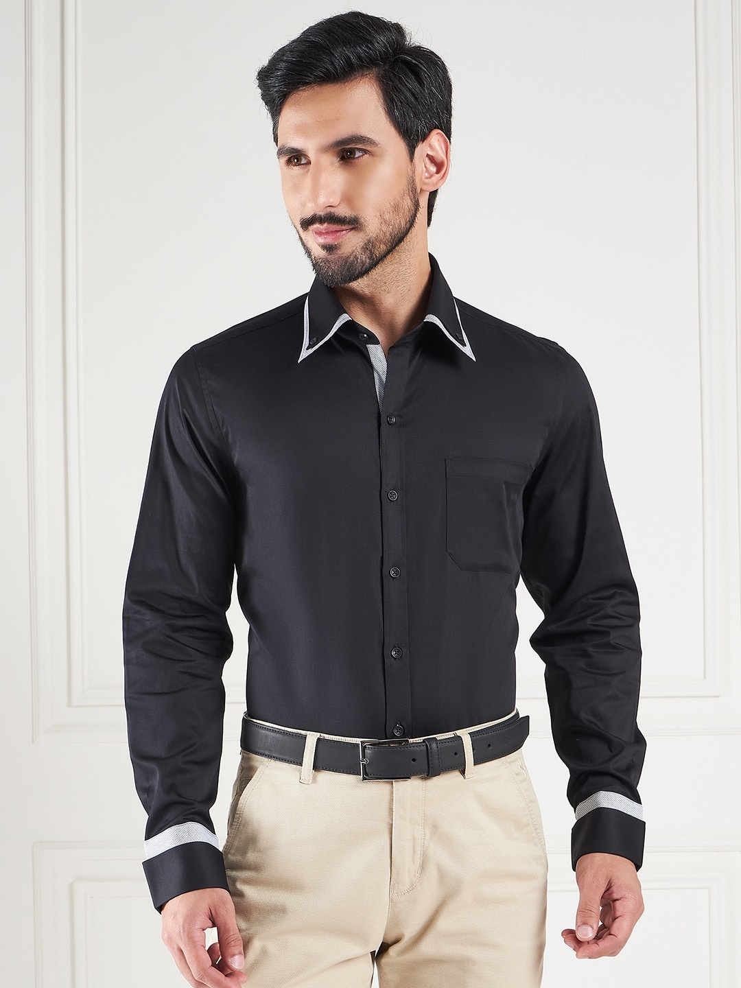 

LOUIS STITCH Comfort Spread Collar Formal Cotton Shirt, Black