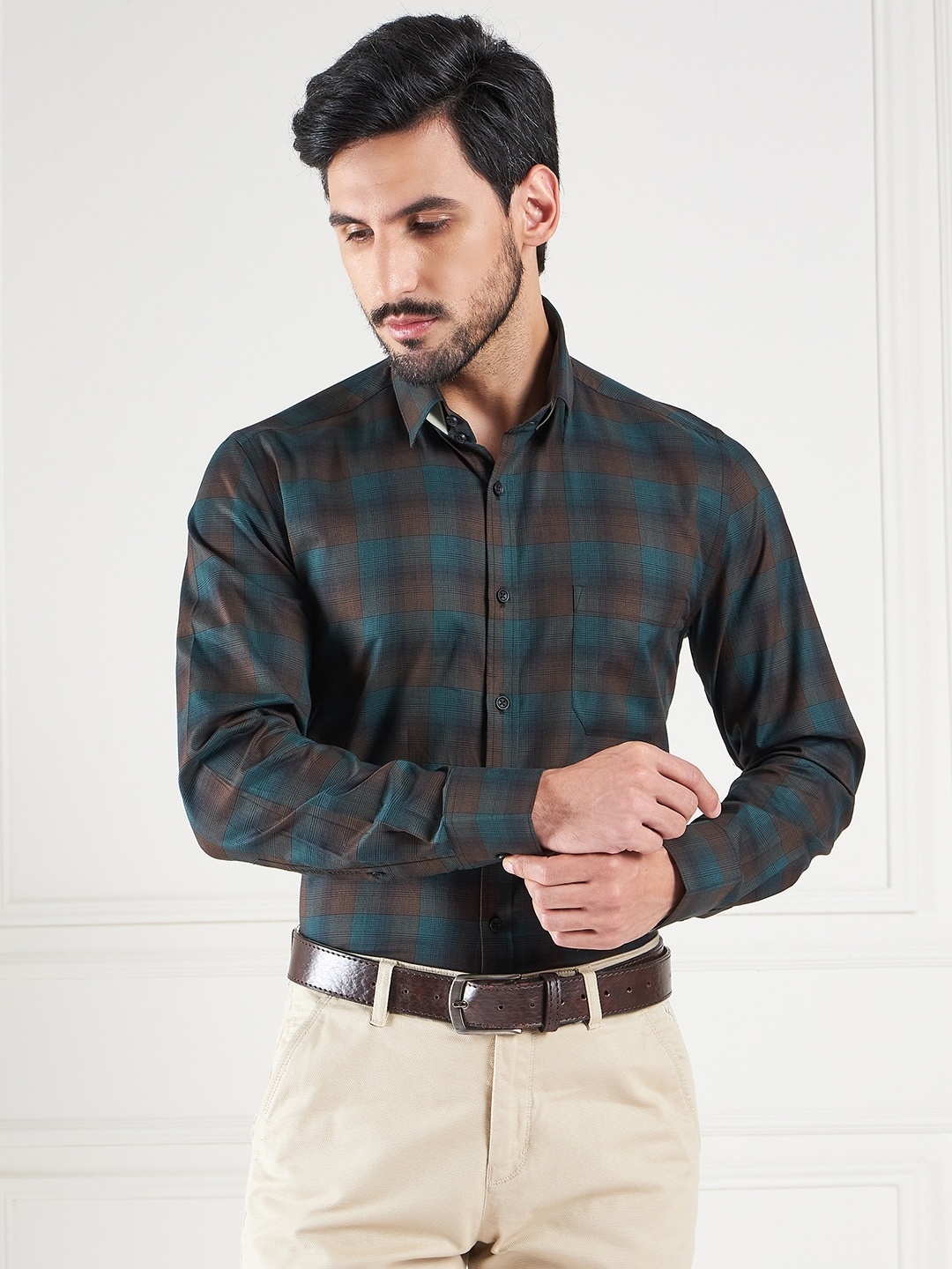 

LOUIS STITCH Comfort Tartan Checks Opaque Cotton Formal Shirt, Green
