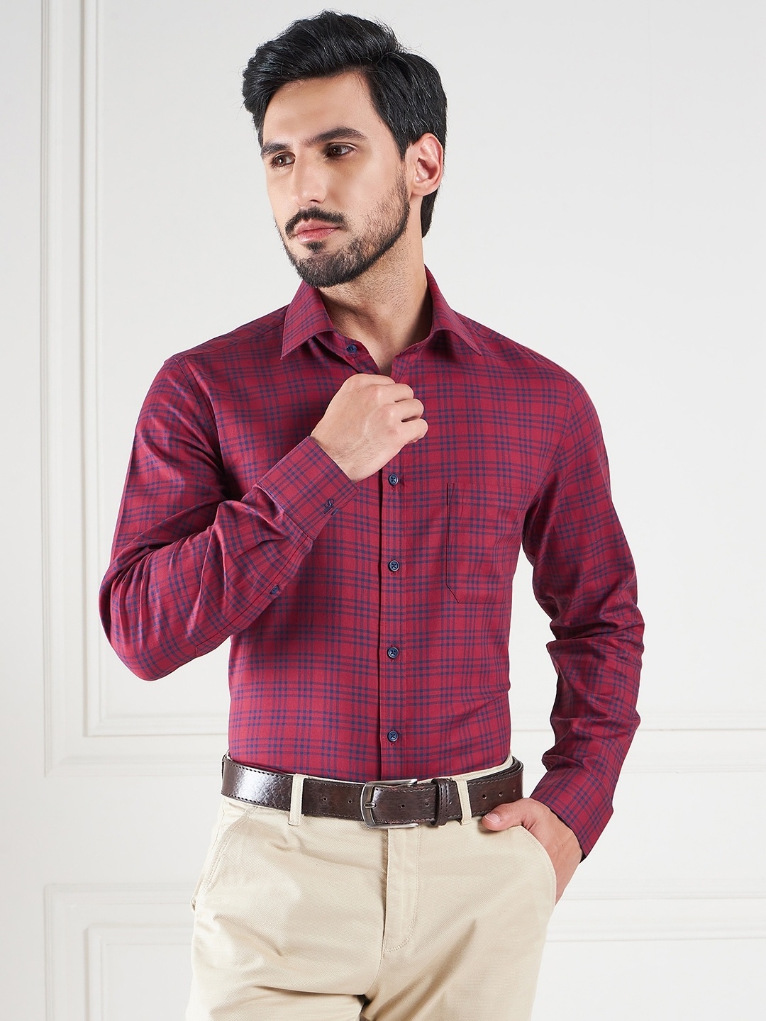 

LOUIS STITCH Comfort Tartan Checks Opaque Cotton Formal Shirt, Red