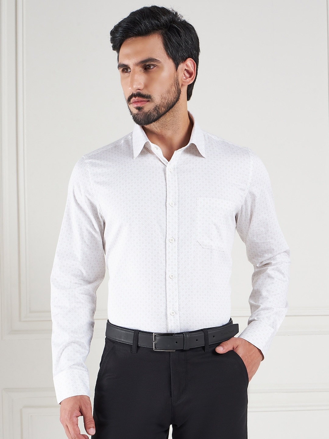 

LOUIS STITCH Comfort Geometric Printed Cotton Formal Shirt, White