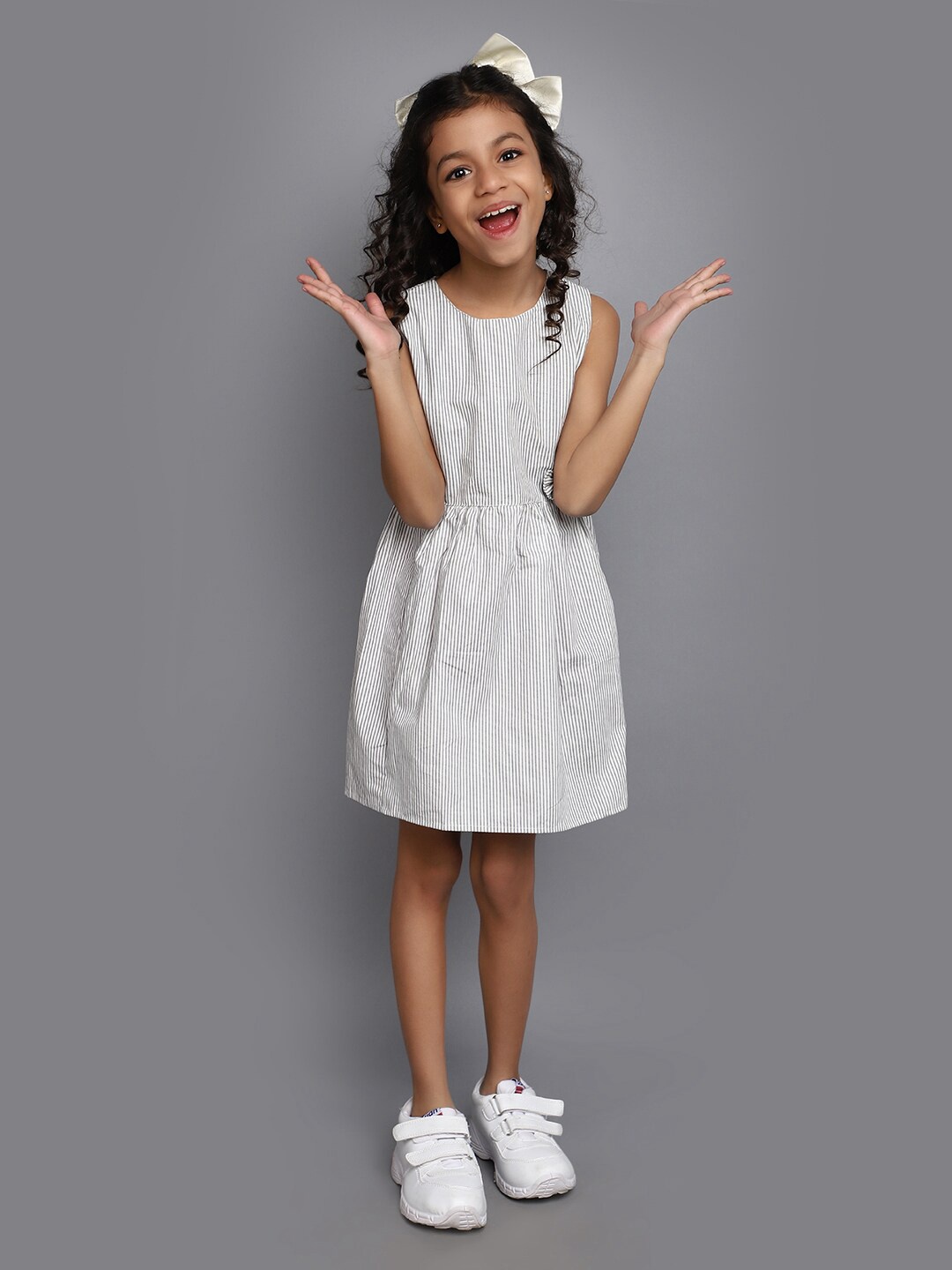 

V-Mart Girls Striped Cotton Fit & Flare Dress, White