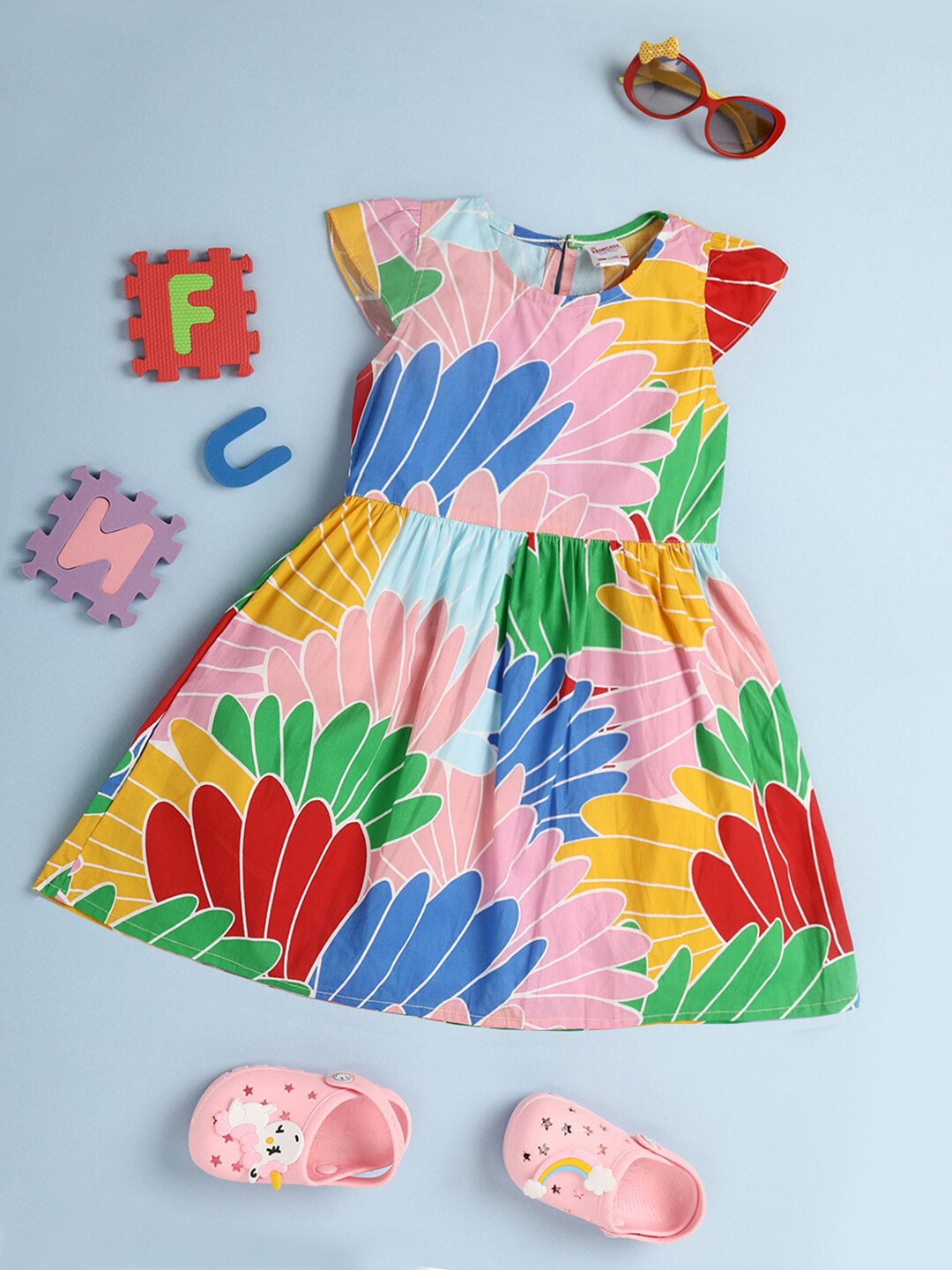 

V-Mart Girls Floral Printed Cotton Fit & Flare Dress, Yellow