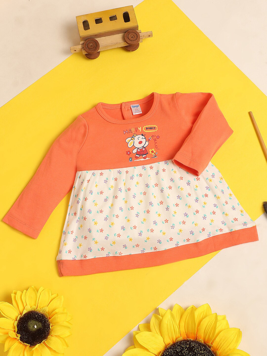 

V-Mart Infant Girls Floral Printed Cotton A-Line Dress, Orange
