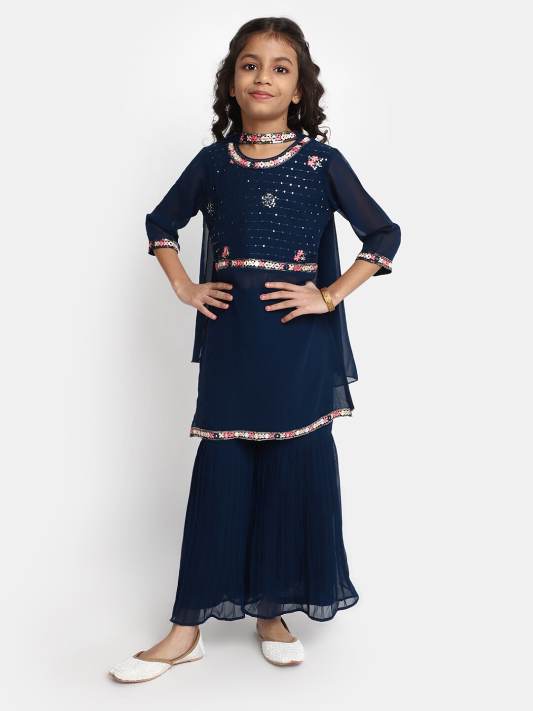 

V-Mart Girls Striped Mirror Work Cotton Straight Kurta, Teal