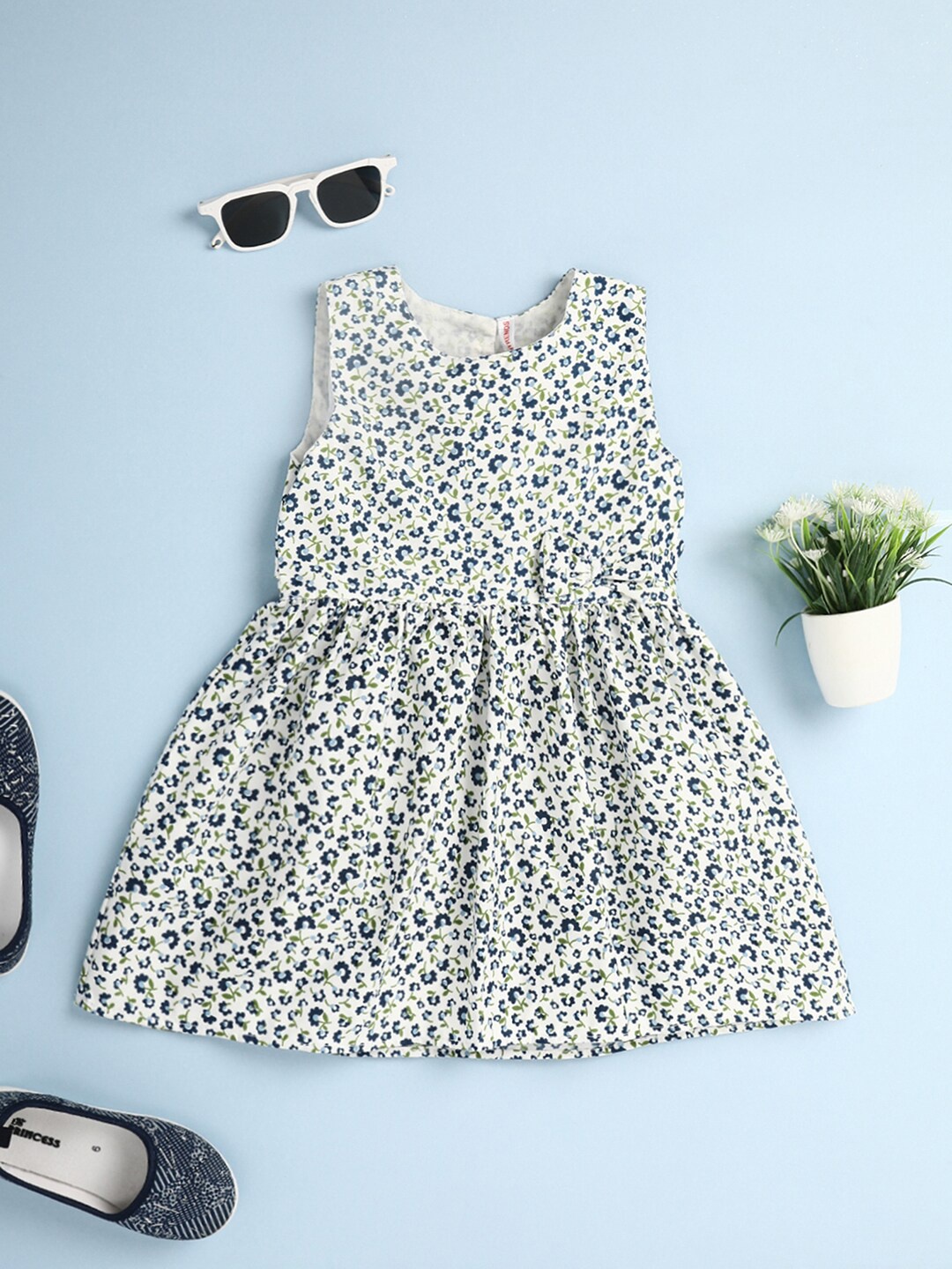 

V-Mart Girls Floral Printed Gathered Cotton Fit & Flare Dress, White