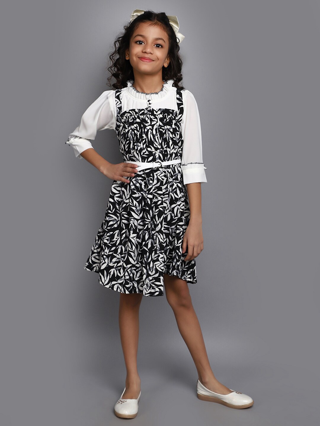 

V-Mart Girls Floral Printed Belted Cotton Fit & Flare Midi Dress, Black