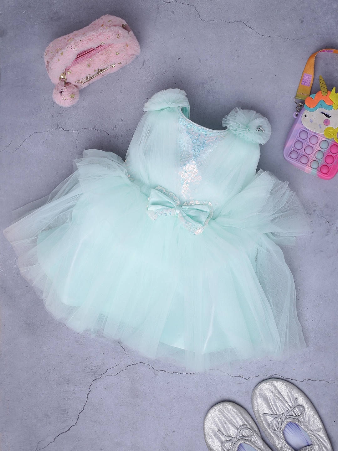 

V-Mart Infant Girls Embellished Sequinned Bow Fit & Flare Dress, Green