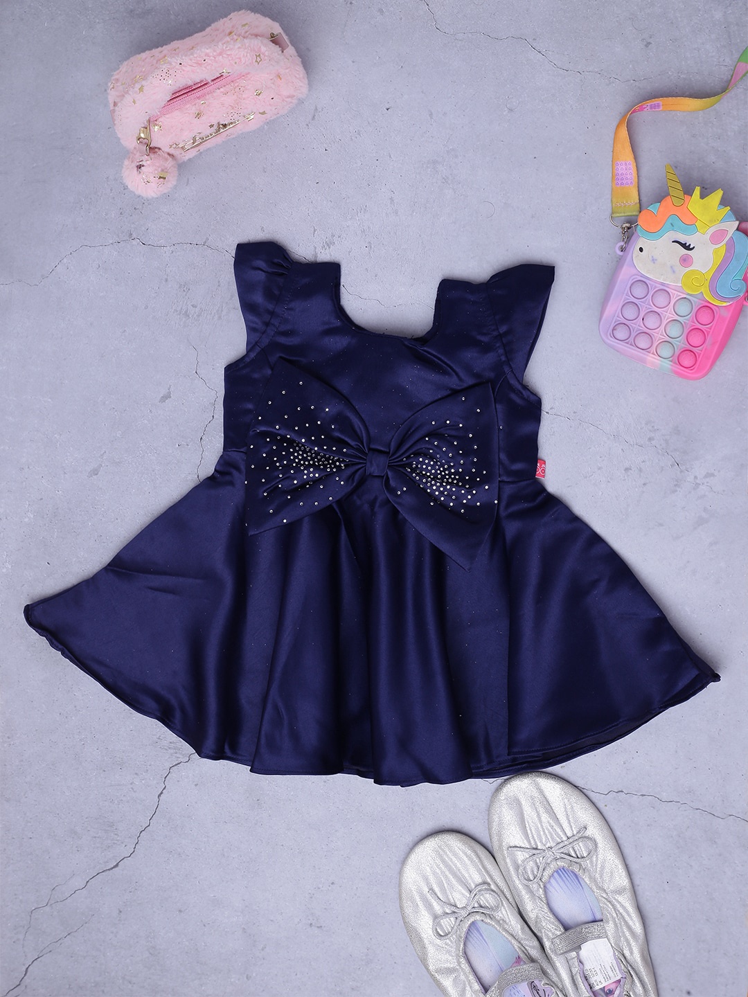 

V-Mart Bow Embellished Fit & Flare Dress, Blue