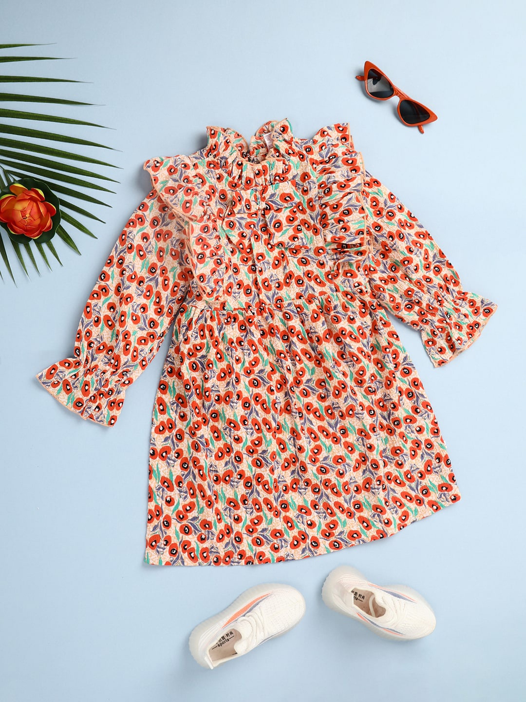 

V-Mart Floral Printed High Neck Puff Sleeve Gathered Detail Cotton A-Line Dress, Orange