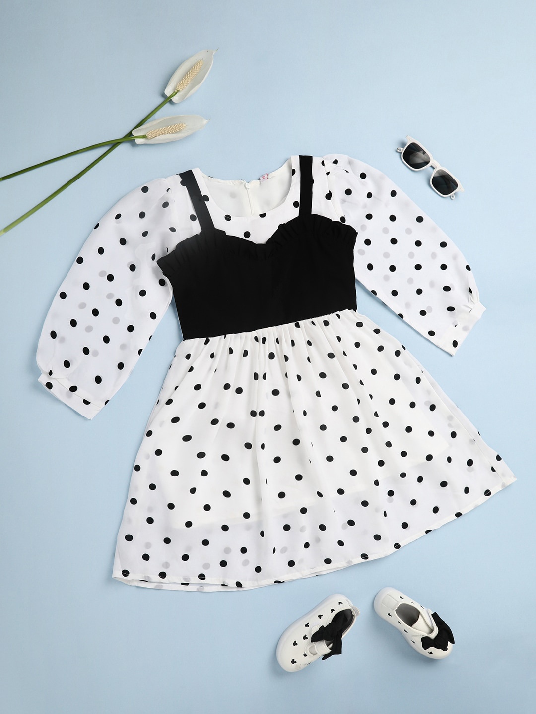 

V-Mart Polka Dot Printed Puff Sleeves Cotton Fit & Flare Dress, White