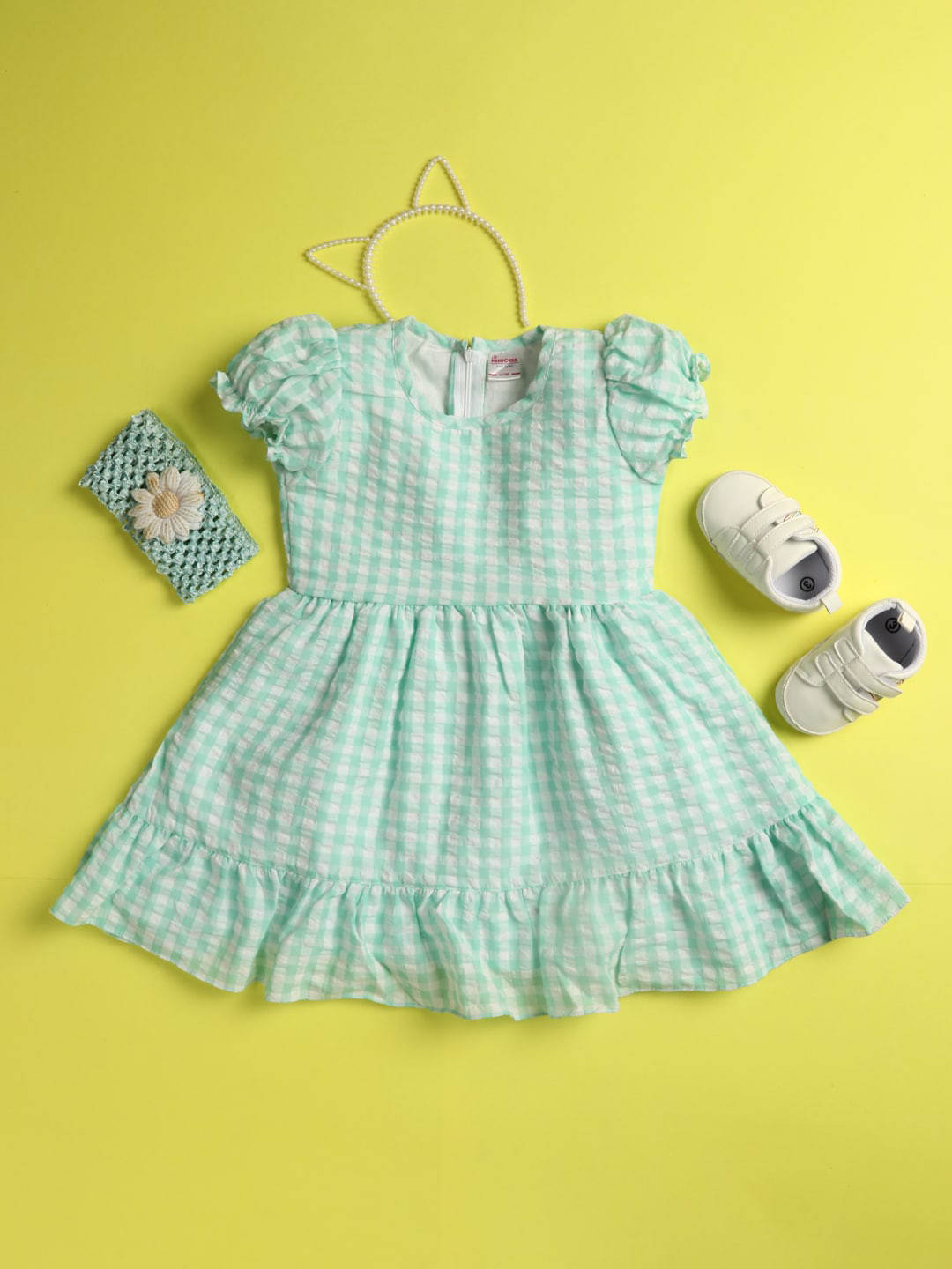

V-Mart Girls Checked Puff Sleeves Fit & Flare Dress, Green