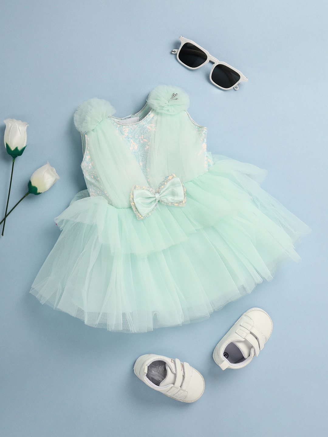 

V-Mart Infants Girls Sequinned Bow Detailed Layered Fit & Flare Dress, Green