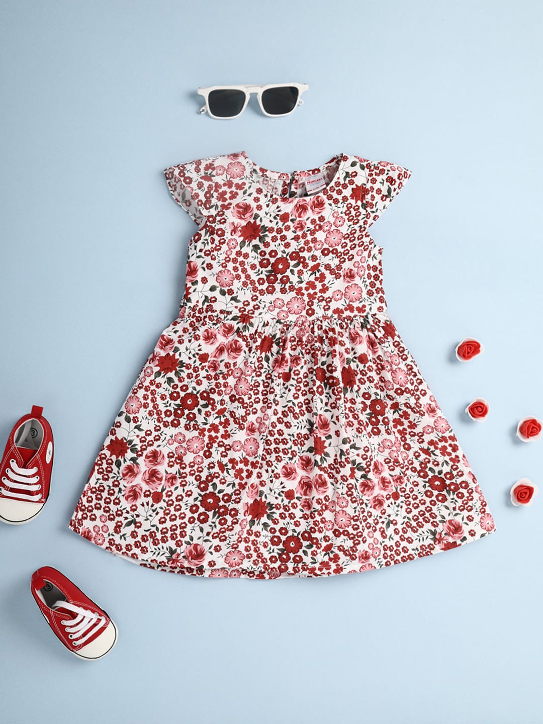 

V-Mart Infants Girls Floral Printed Cap Sleeves Cotton Fit & Flare Dress, White