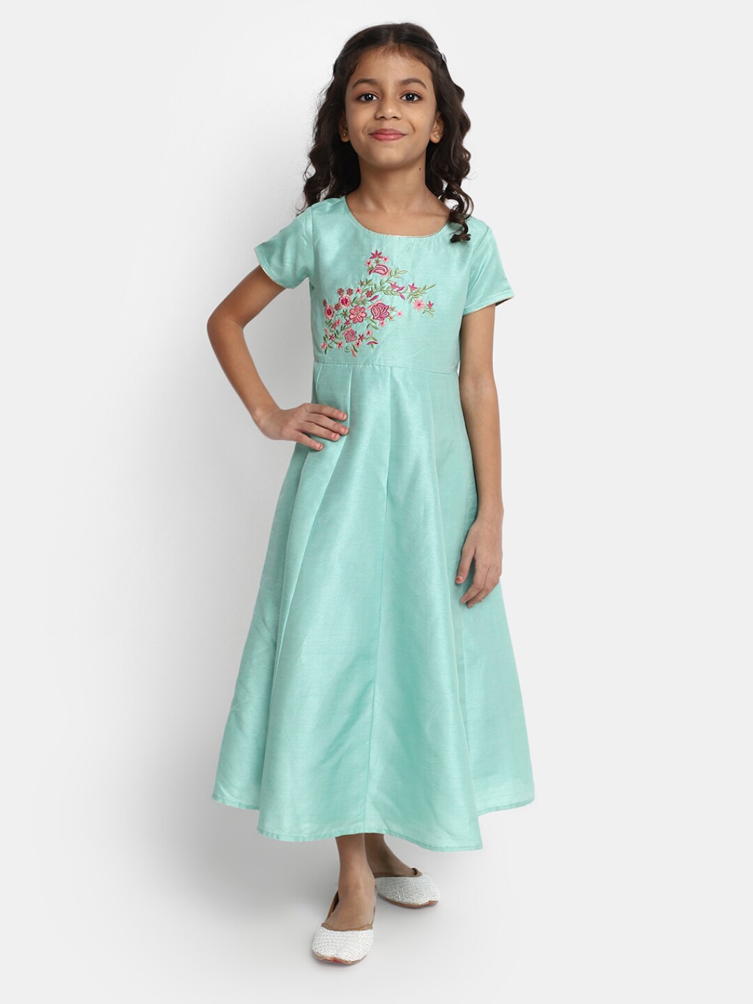 

V-Mart Girls Floral Embroidered Pleated Cotton Fit & Flare Dress, Green
