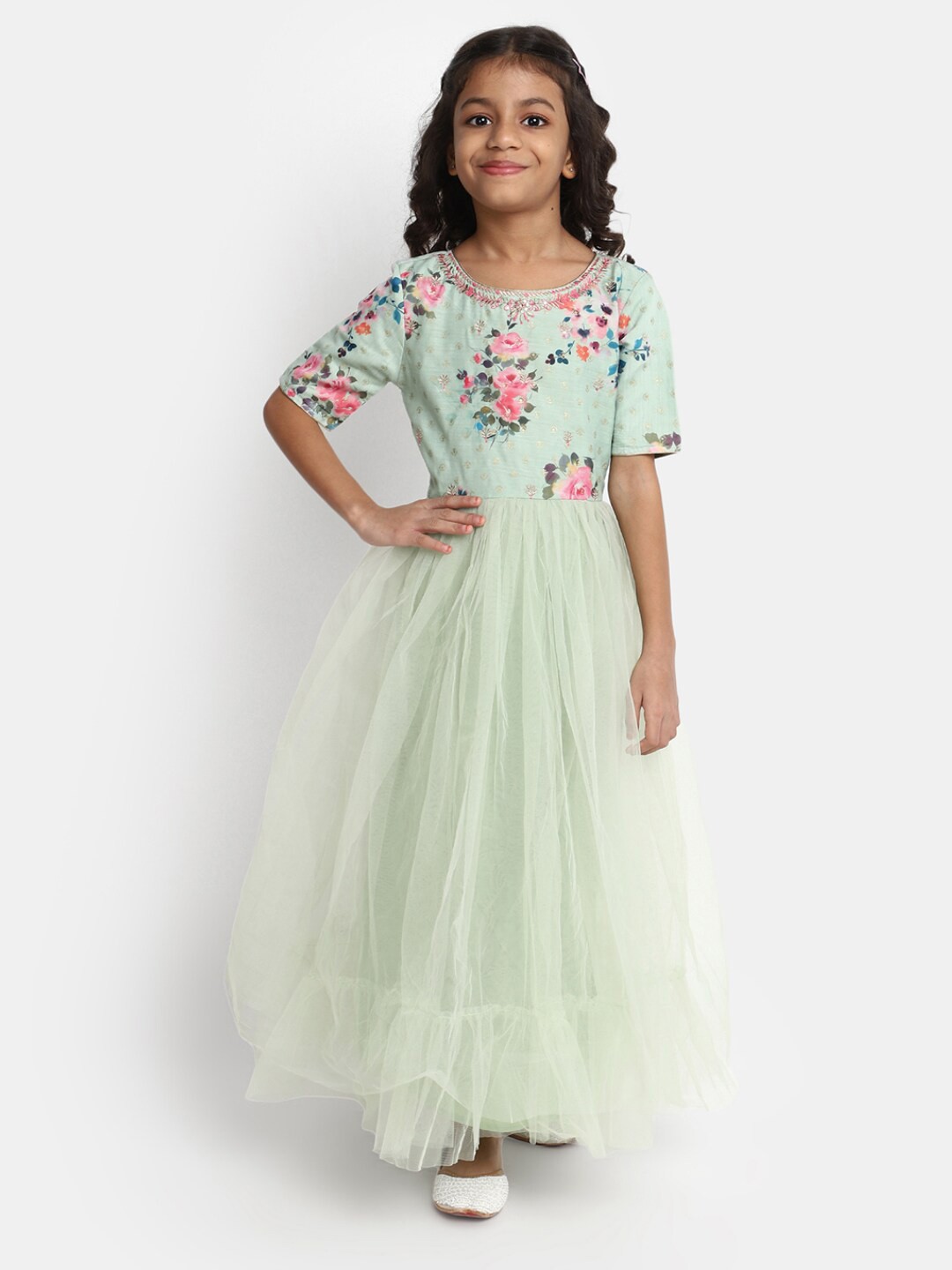 

V-Mart Floral Printed Sequinned Cotton Fit & Flare Dress, Green