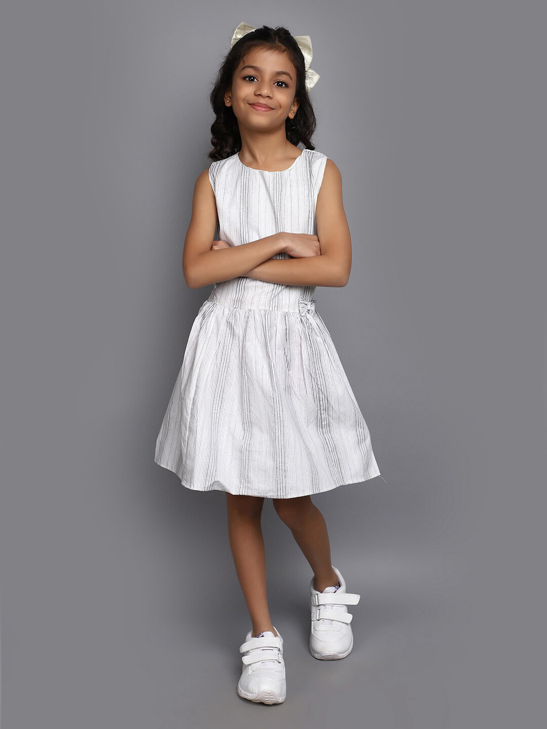 

V-Mart Girls Striped Cotton Fit & Flare Dress With Bow Detail, White