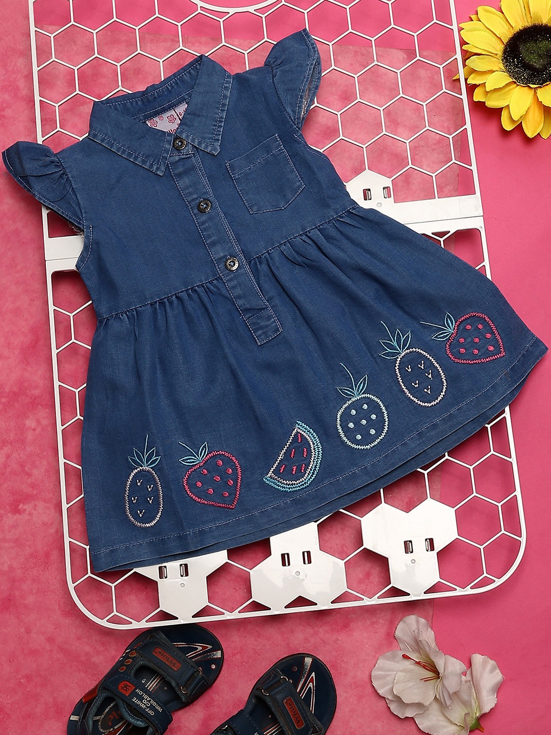 

V-Mart Infant Girls Shirt Collar Cotton Denim Peplum Dress, Blue