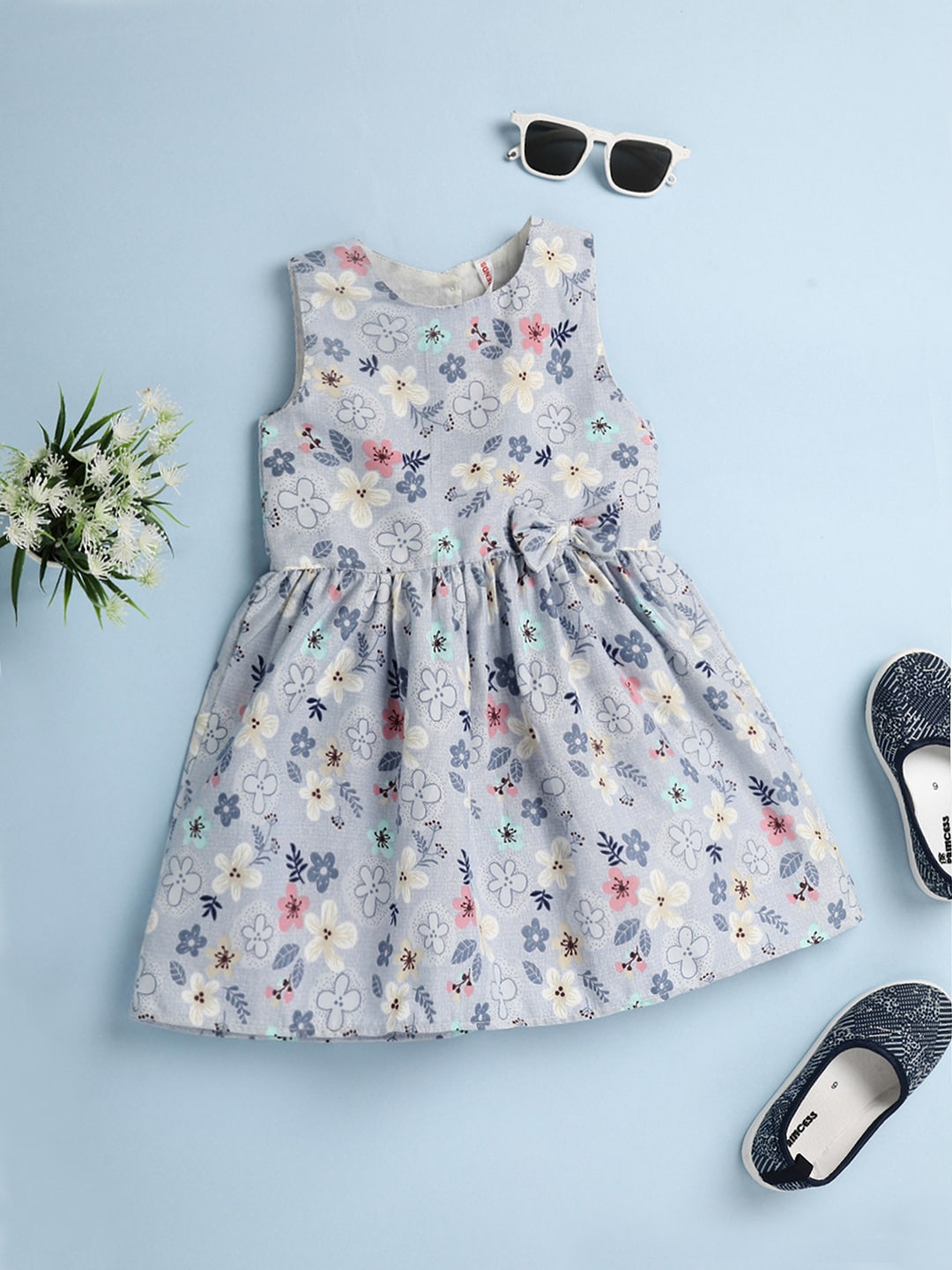 

V-Mart Girls Floral Printed Cotton Fit & Flare Dress, Blue