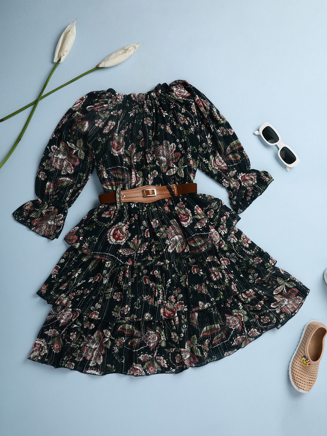 

V-Mart Girls Floral Printed Cuffed Sleeve Layered Georgette Fit & Flare Dress, Green