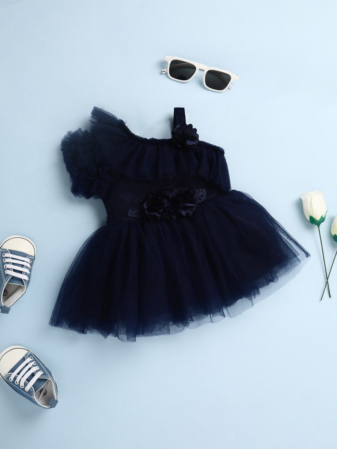 

V-Mart Infant Girls One Shoulder Fit & Flare Dress With Corsage, Navy blue