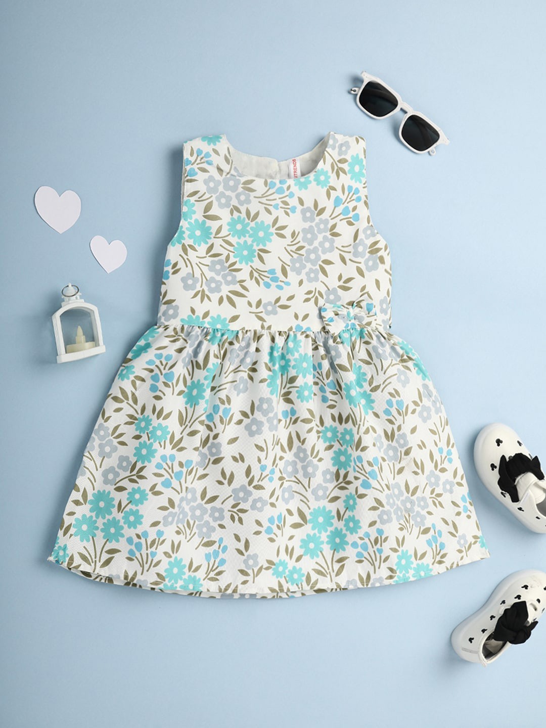 

V-Mart Girls Floral Printed Gathered Cotton Fit & Flare Dress, Off white