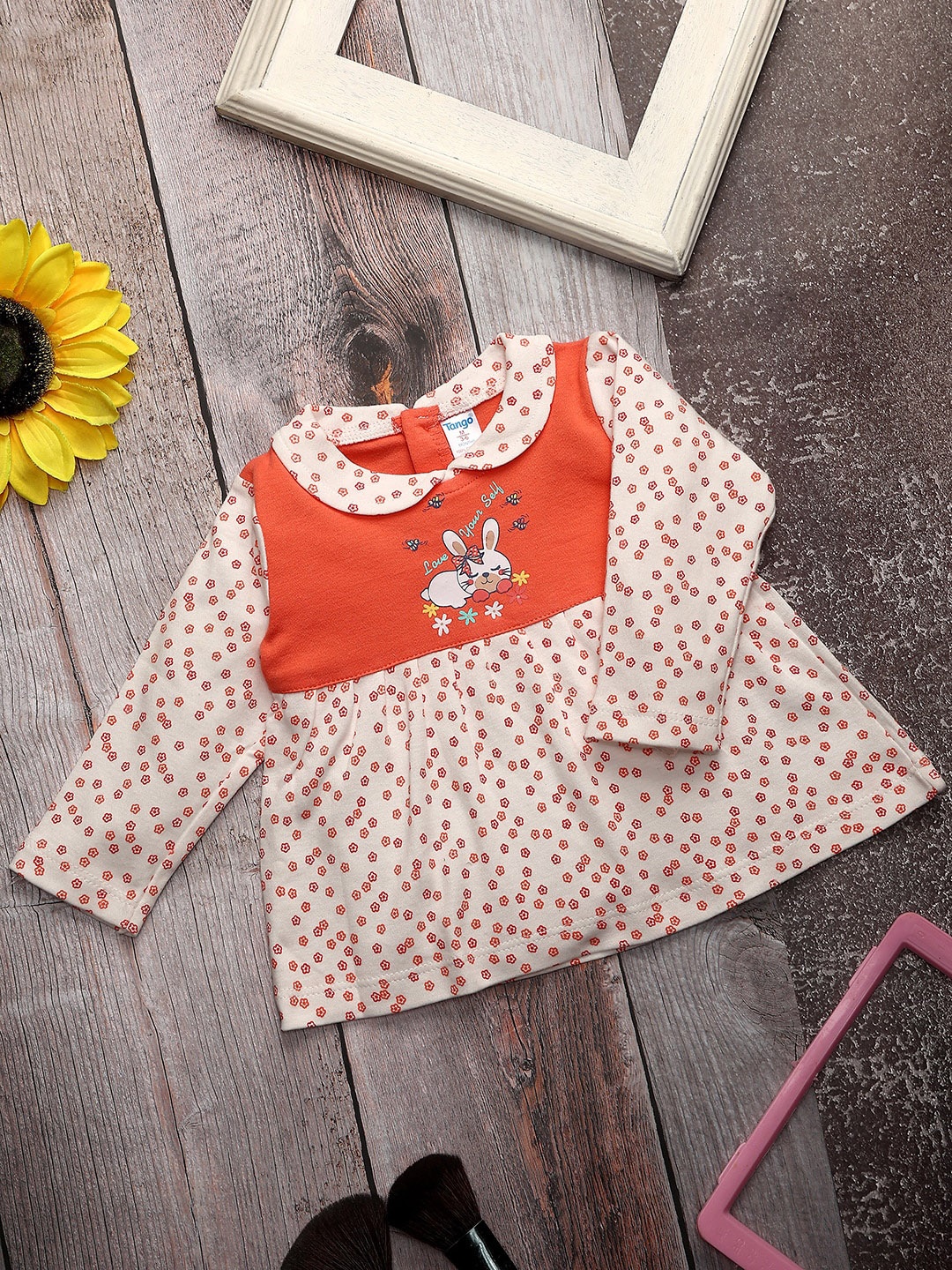 

V-Mart Infant Girls Floral Printed Peter Pan Collar Cotton A-Line Dress, Orange