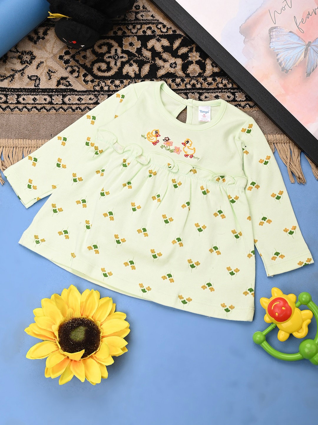 

V-Mart Infants Girls Ethnic Motifs Printed Round Neck Gathered Cotton Fit & Flare Dress, Green