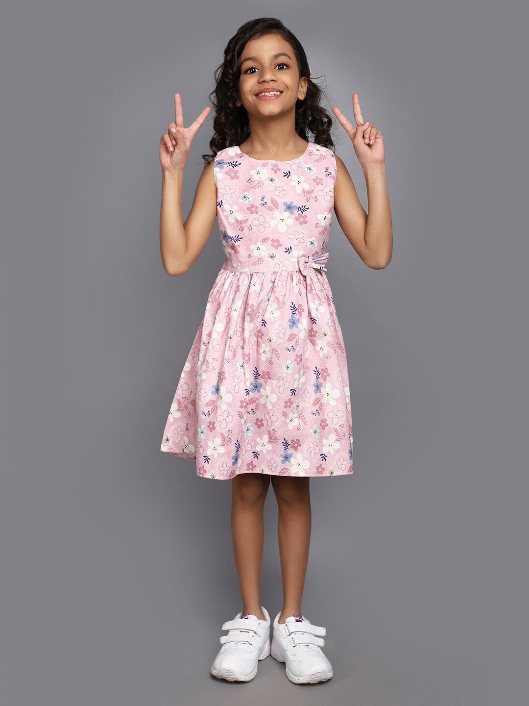 

V-Mart Girls Floral Printed Round Neck Gathered Cotton Fit & Flare Dress, Pink