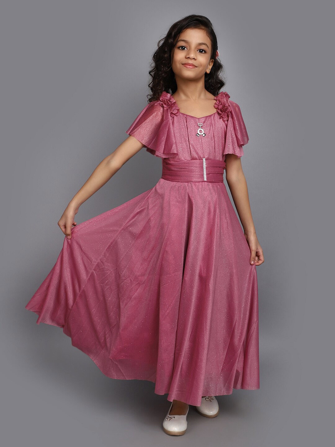 

V-Mart Girls Flared Sleeves Corsage Detailed Cotton Maxi Dress, Mauve