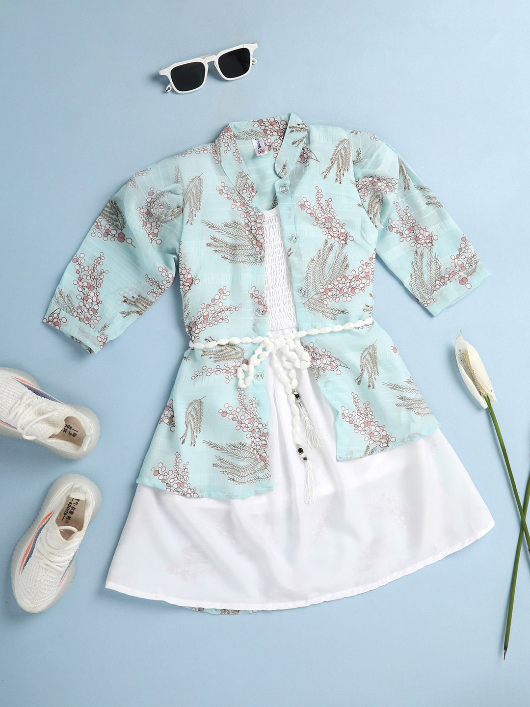 

V-Mart Girls Floral Printed Smocked Fit & Flare Dress, White