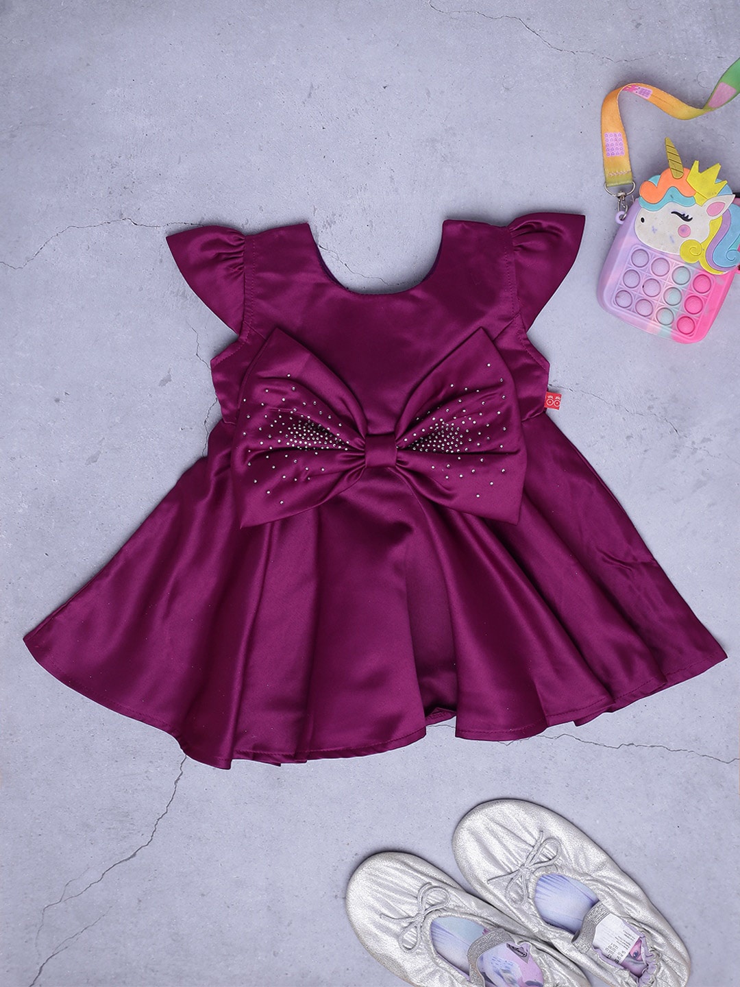 

V-Mart Infants Girls Cap Sleeves Bow Detail Stain A-Line Dress, Purple