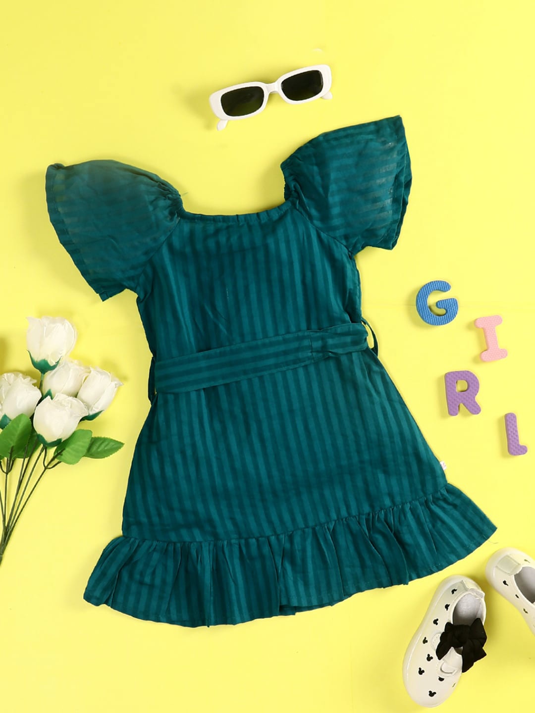 

V-Mart Girls Striped Flutter Sleeve Fit & Flare Dress, Green