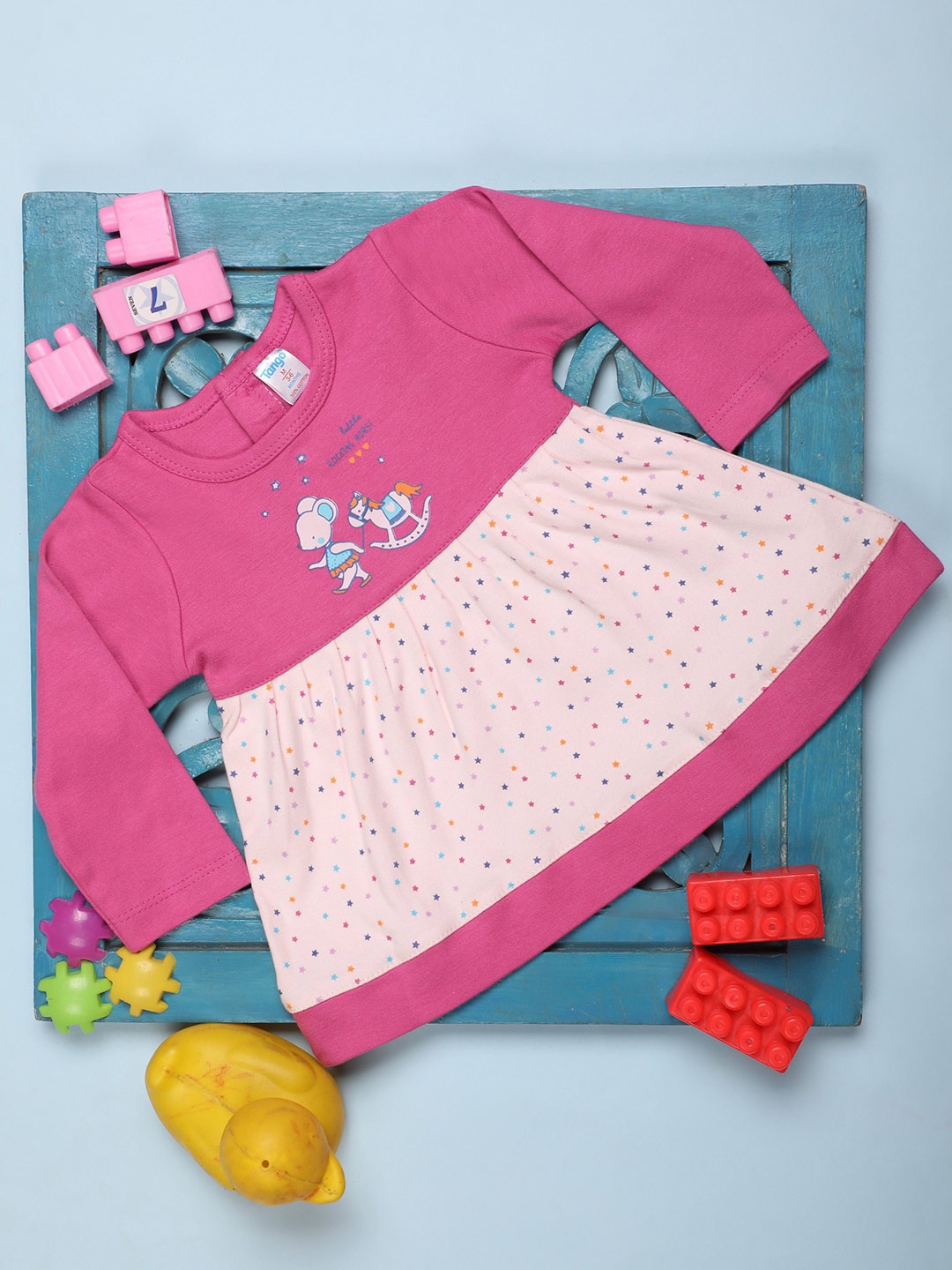 

V-Mart Infant Girls Printed Cotton Peplum Dress, Pink